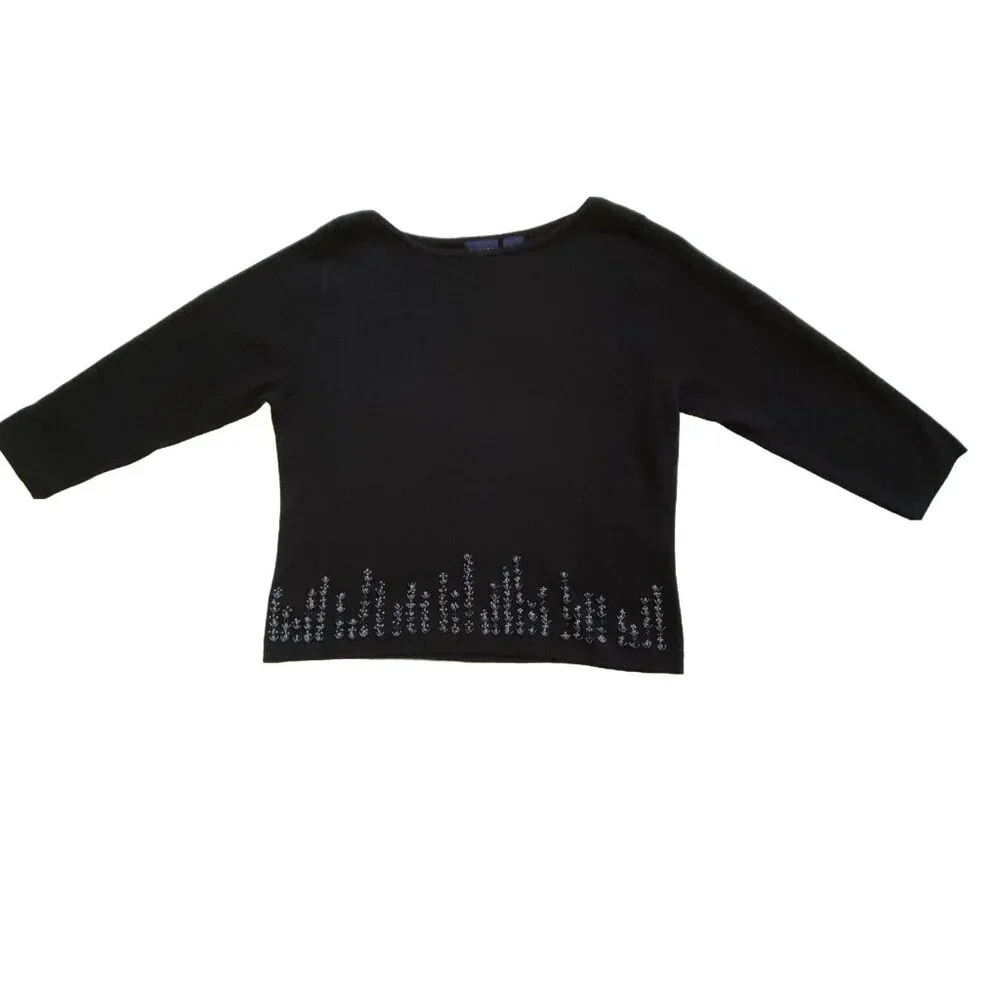 HILLARD &‎ HANSON Black Beaded Hem Knit Sweater 3/4 Sleeve 90s Y2K Vintage L
